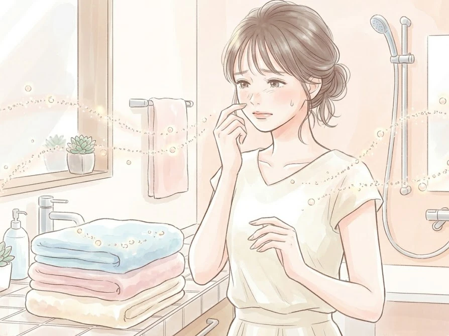 柔軟剤の強い香りの原因となるマイクロカプセルが空気中を漂う様子と悩む女性の様子