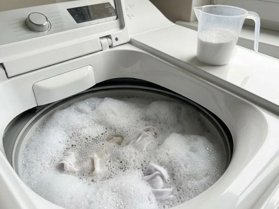 無添加の粉末石鹸をぬるま湯でしっかり泡立てた洗濯機内のふんわりとした豊かな泡