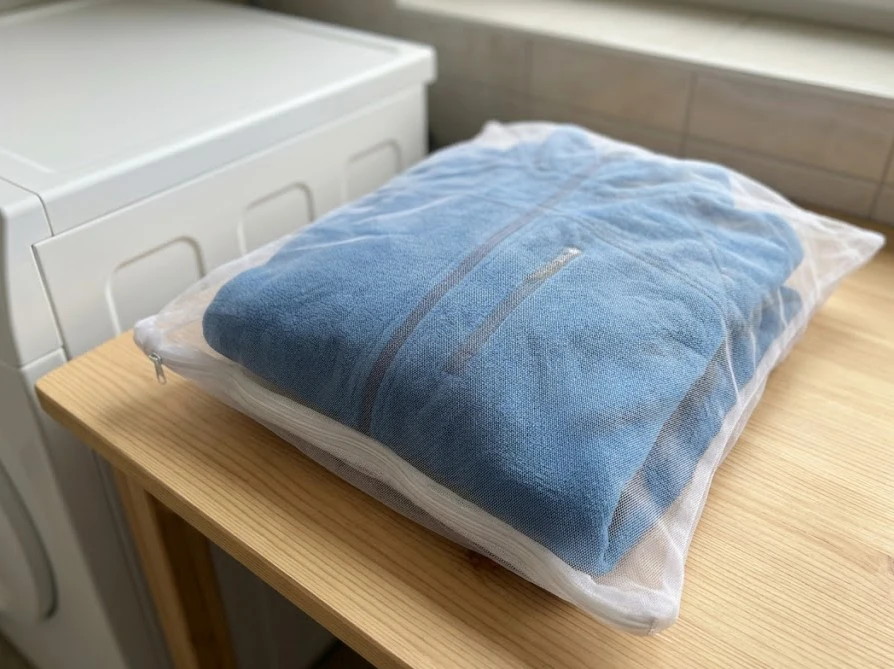 マイクロプラスチック繊維の流出を防ぐ目の細かい専用洗濯ネットとフリース衣類