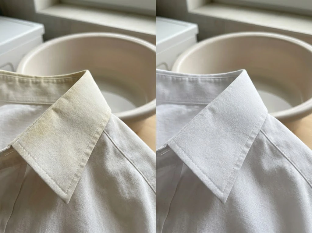 酸素系漂白剤やセスキ炭酸ソーダの浸け置きで黄ばみや汚れがすっきり落ちたシャツの比較