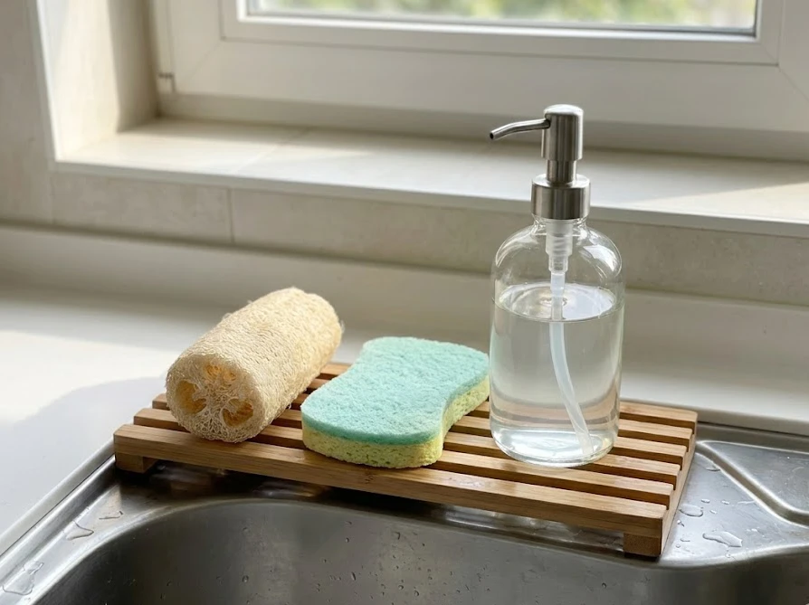 プラスチックフリーなへちまスポンジや植物由来の食器用洗剤が並ぶ清潔で自然なキッチン