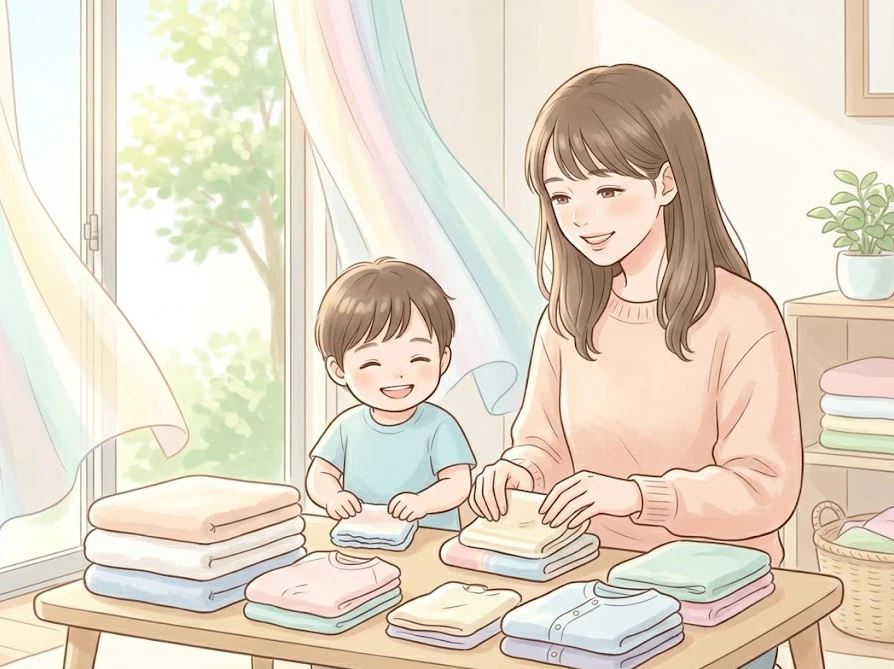 未来の海を守るためサステナブルなエコ洗剤で洗った清潔な服を家族で仲良く畳む様子