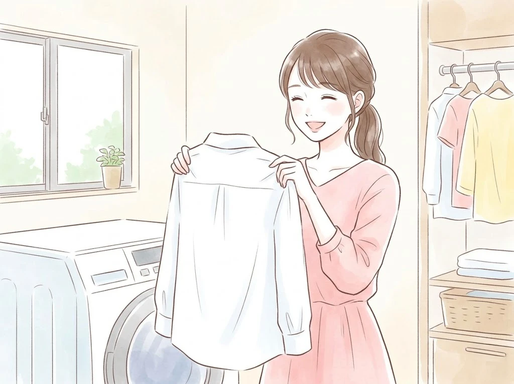 時間がたったジュースのシミをきれいに落として、笑顔で白いシャツを見つめる女性。