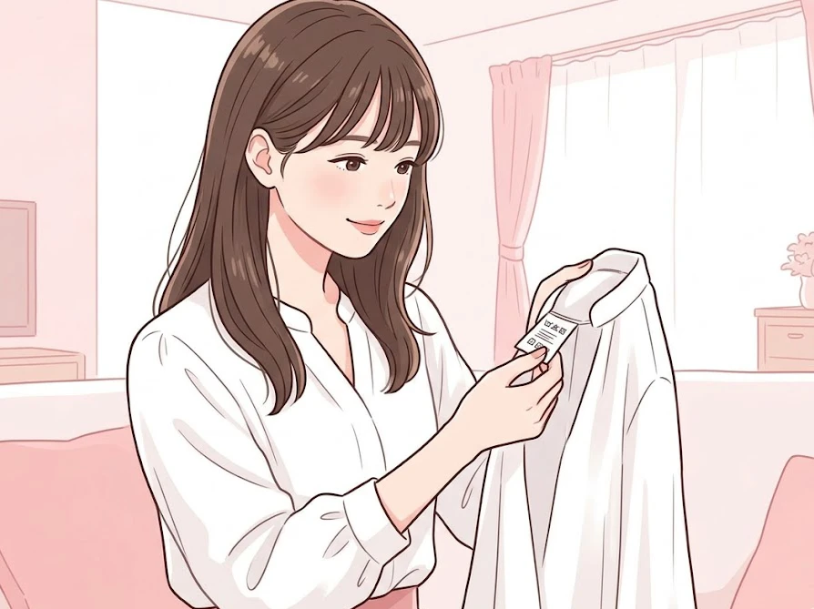 ジュースの染み抜きを始める前に、白いブラウスの洗濯表示タグを確認する女性。