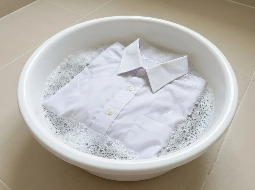 洗面器に張った温水と酸素系漂白剤の泡の中に、シミのついた白い服をつけ置きする様子。