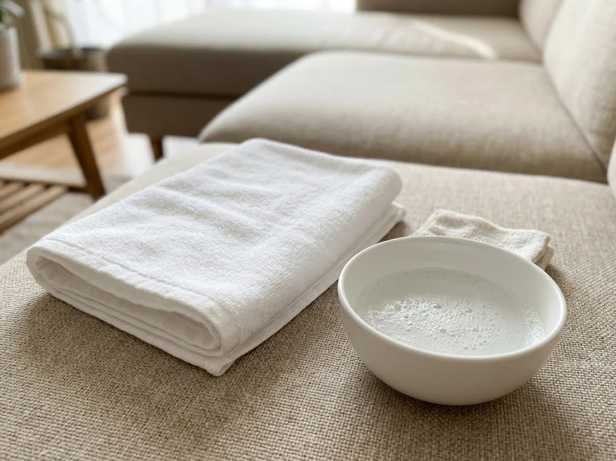 ジュースをこぼした布製ソファの上に置かれた、染み抜き用の清潔なタオルと水の入ったボウル。