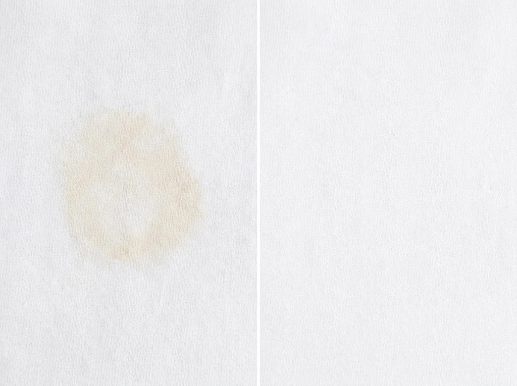 時間がたったジュースのシミが残る白い布と、染み抜きで完全に真っ白になった布の比較。