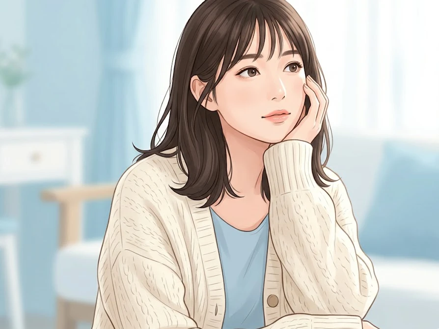 ジュースの染み抜きについての疑問が解決し、明るく穏やかな表情を浮かべる女性。