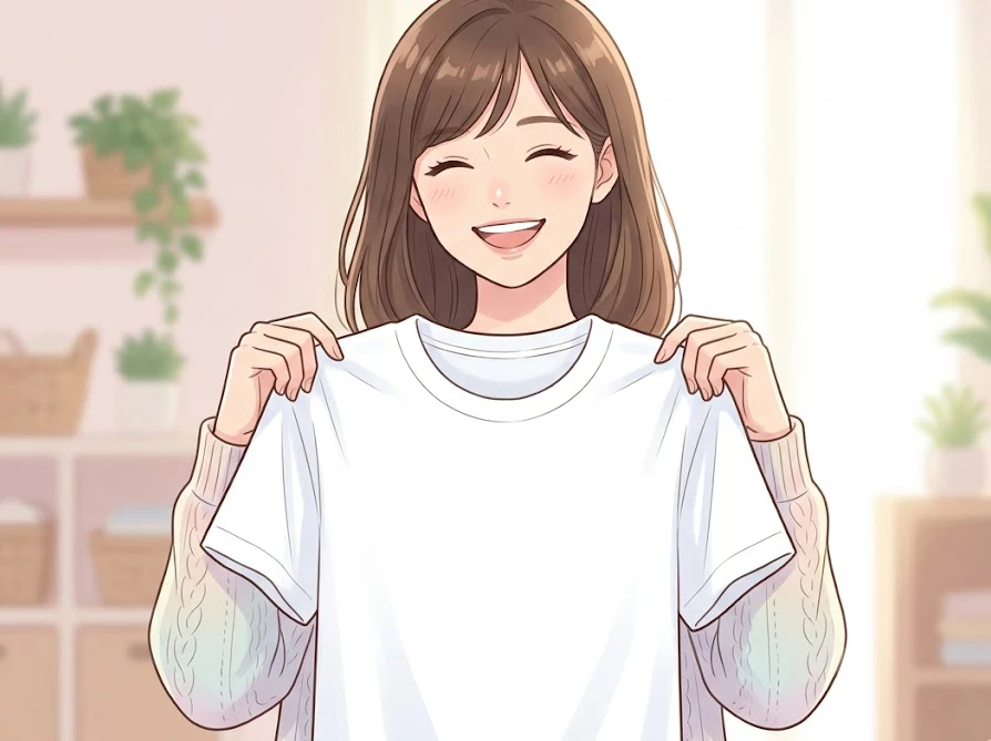 頑固なジュースのシミがすっきり落ちて真っ白になったシャツを、嬉しそうに広げる女性。