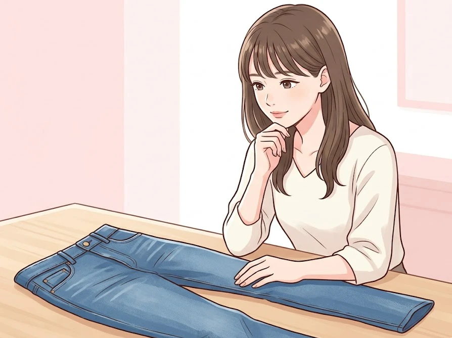 デニムの頑固な汚れや染み抜きの失敗を防ぐための基本知識について考えている様子