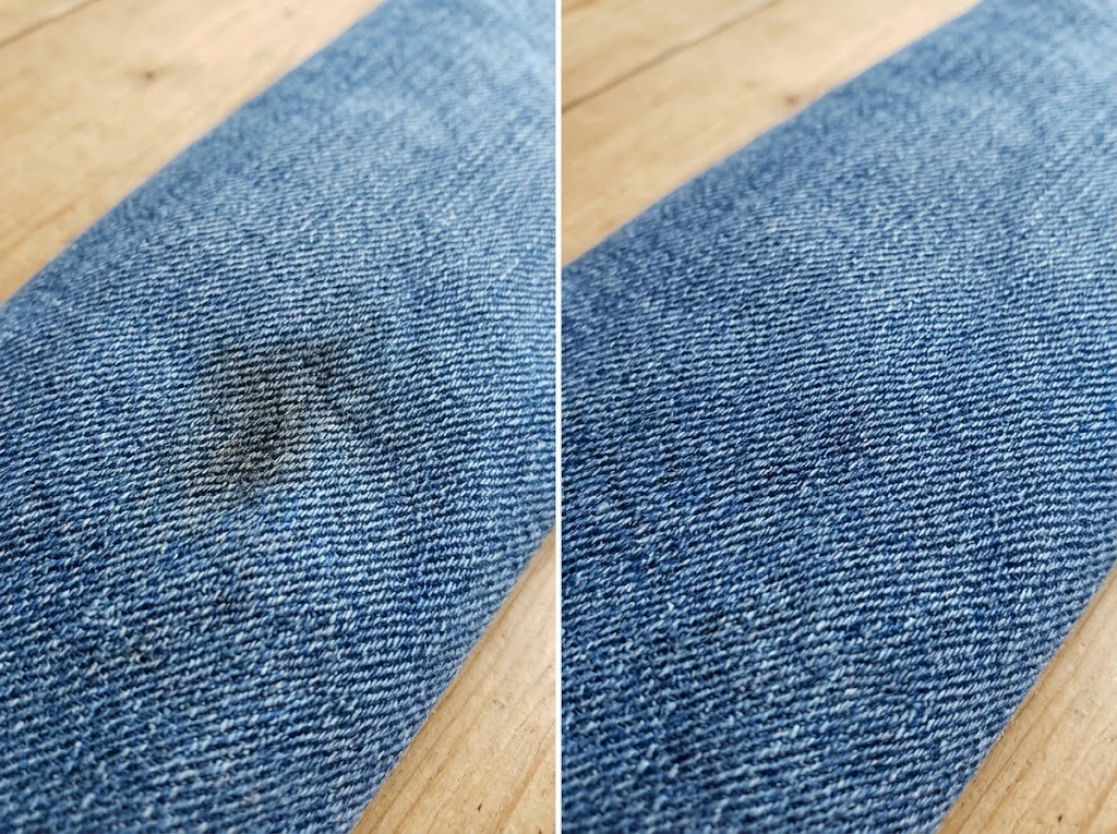 デニムに付着した時間がたったシミが、正しくお手入れされて綺麗に落ちた比較
