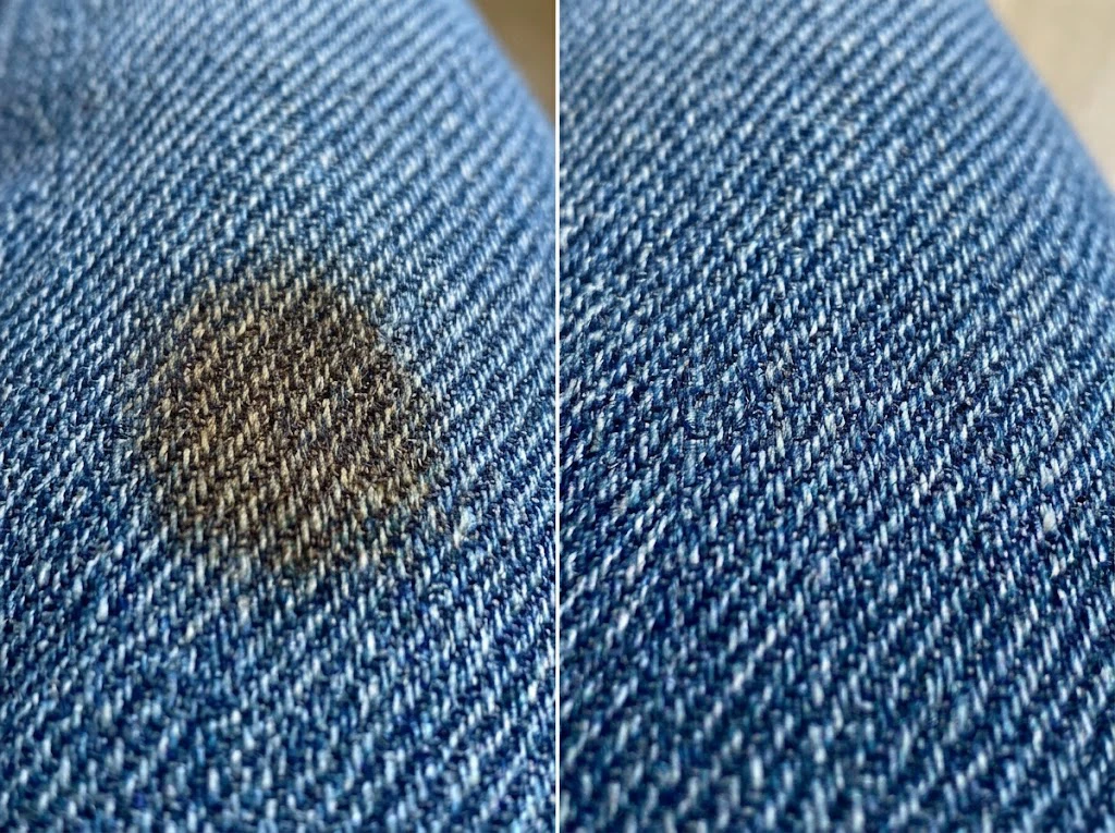 デニムにこぼして時間が経ったコーヒーのシミが、綺麗に落ちて蘇った比較