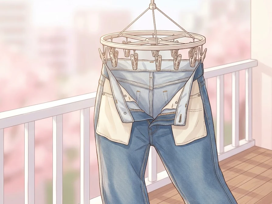 輪ジミや色褪せを防ぐため、デニムを裏返してピンチハンガーで筒状に干している様子