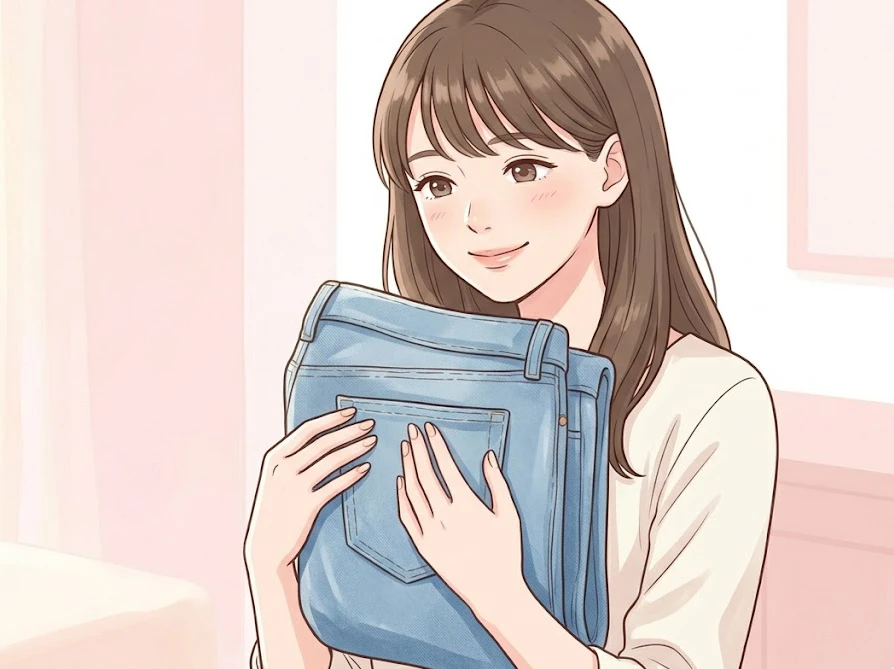 正しい染み抜き手順で大切なデニムが綺麗に蘇り、安心して喜んでいる様子