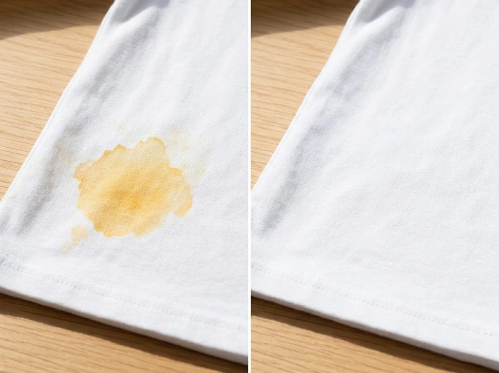 時間が経ったオレンジジュースのシミが漂白剤で落ちた服の比較