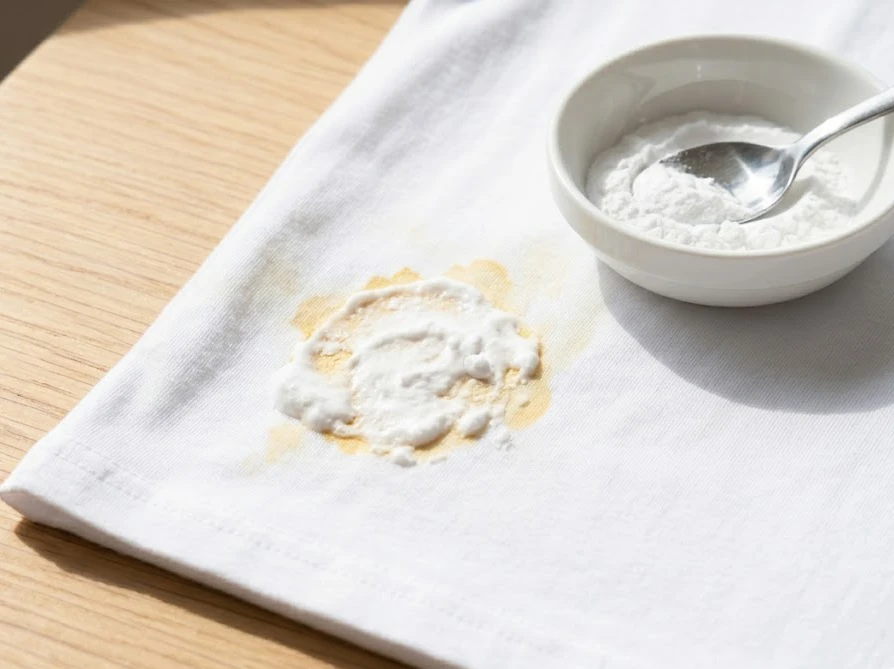 洋服についた頑固なオレンジジュースの黄ばみに重曹ペーストを塗る様子