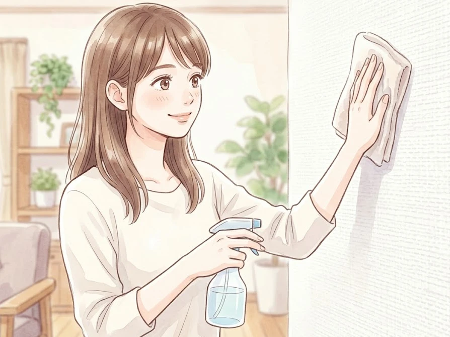 スポンジや布を使って壁紙のオレンジジュース汚れを優しく拭き取る女性