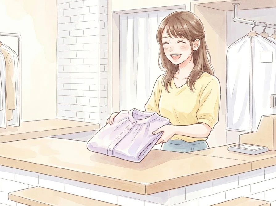 水洗いできないデリケートな素材の服をクリーニング店に持ち込む女性