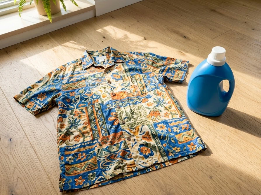 漂白剤選びや色落ちに注意が必要な色柄物の洋服と洗濯用洗剤のボトル