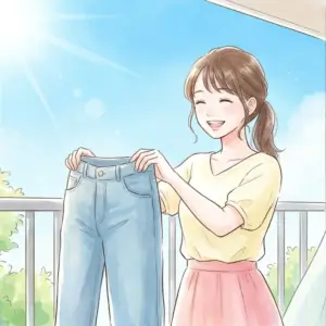 ズボンの生乾きや臭いの悩みを解決し、笑顔でベランダに洗濯物を干している女性の様子。