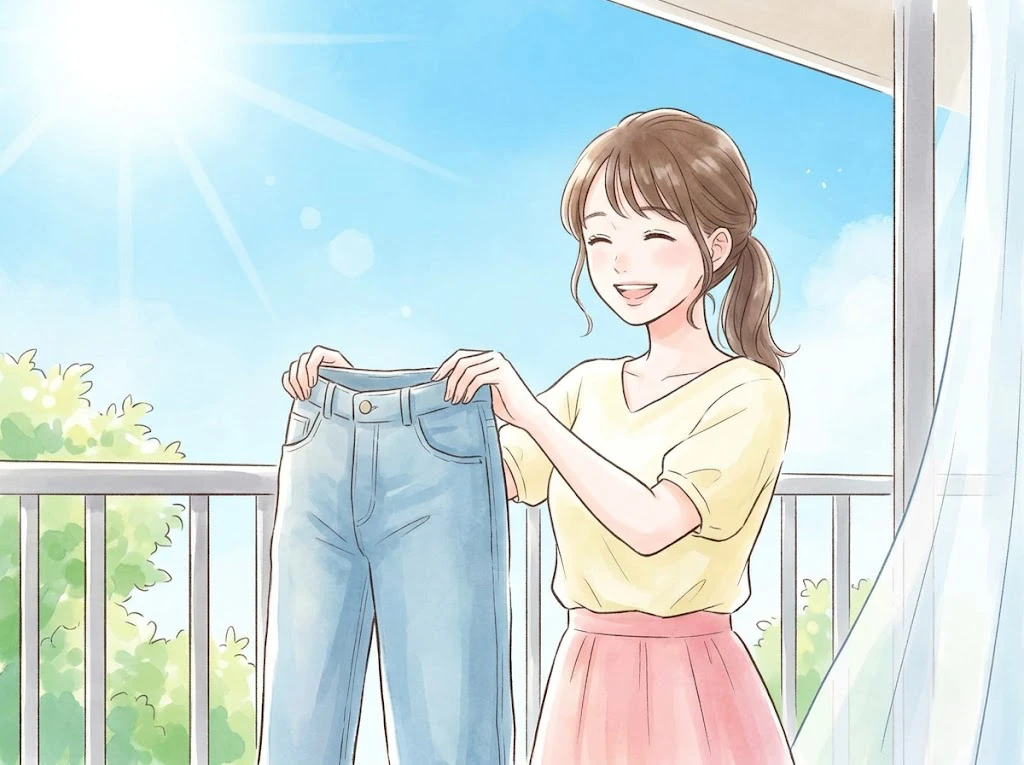 ズボンの生乾きや臭いの悩みを解決し、笑顔でベランダに洗濯物を干している女性の様子。