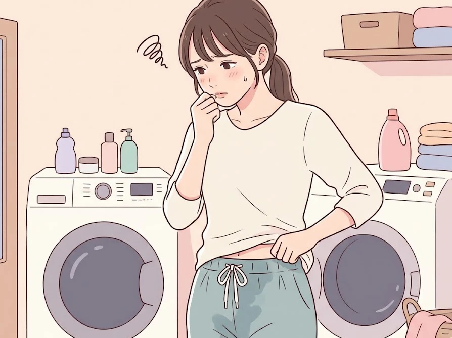 部屋干ししたズボンのゴム部分から漂う生乾きの嫌な臭いに気づき、顔をしかめて悩んでいる女性。