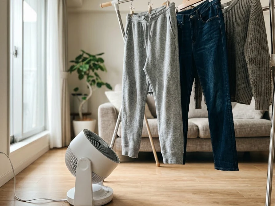 部屋干ししているズボンの下からサーキュレーターで風を当て、ゴム部分の乾燥スピードを早めている様子。