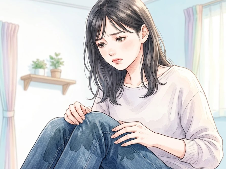 生乾きのズボンを履いたことで、ウエスト周りの不快感や肌への悪影響に悩まされている女性の姿。