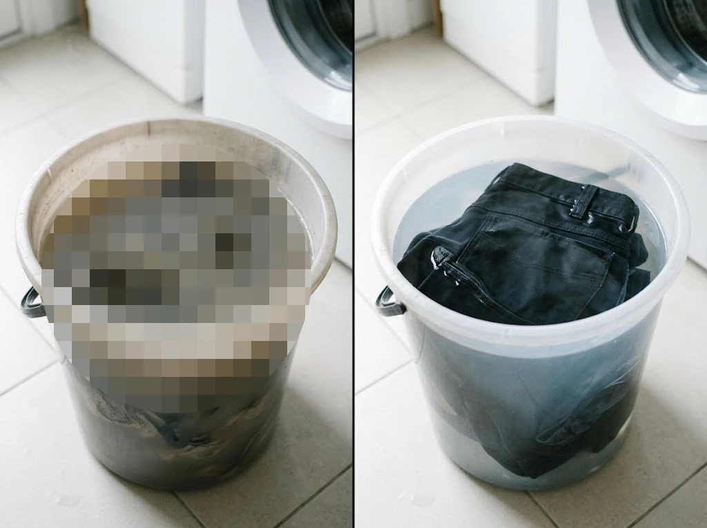 ズボンの生乾き臭を落とすため、酸素系漂白剤とお湯でつけ置き洗いをしている汚れ落ちの比較。