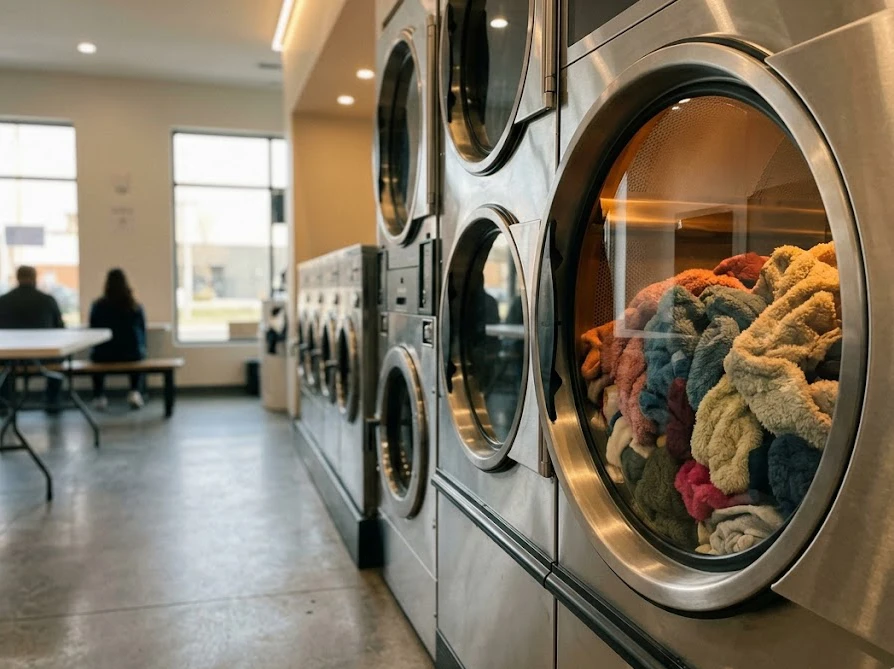 ズボンのゴムの奥に潜む雑菌を死滅させ、生乾き臭を完全に消し去るコインランドリーの高温ガス乾燥機。