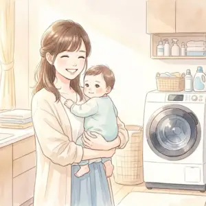 赤ちゃんを抱きながらドラム式洗濯機で無添加洗剤さらさを使う笑顔のお母さん