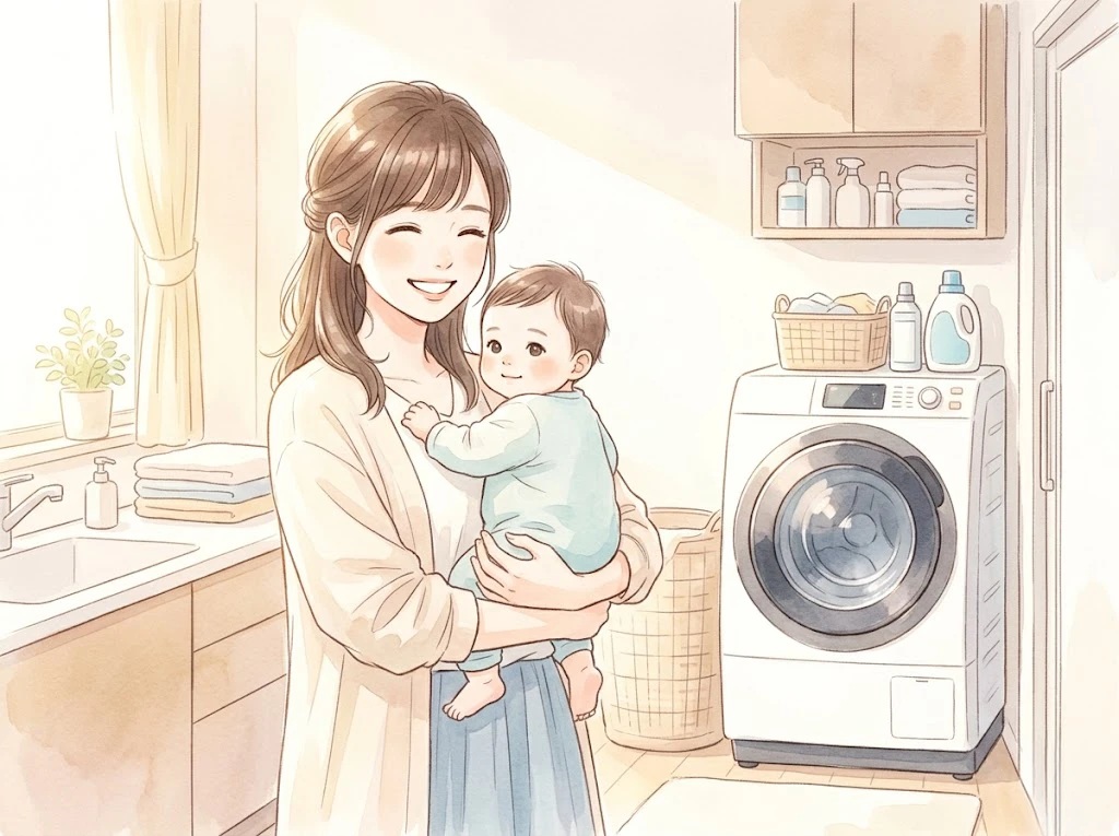 赤ちゃんを抱きながらドラム式洗濯機で無添加洗剤さらさを使う笑顔のお母さん