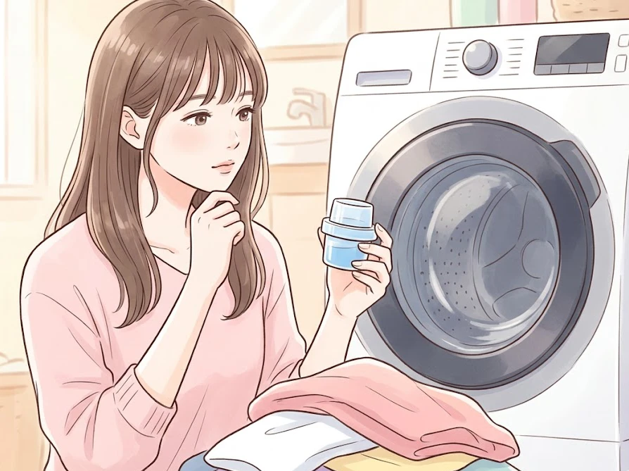 ドラム式洗濯機の前でさらさの計量キャップと洗濯物の重さを確認して悩む女性