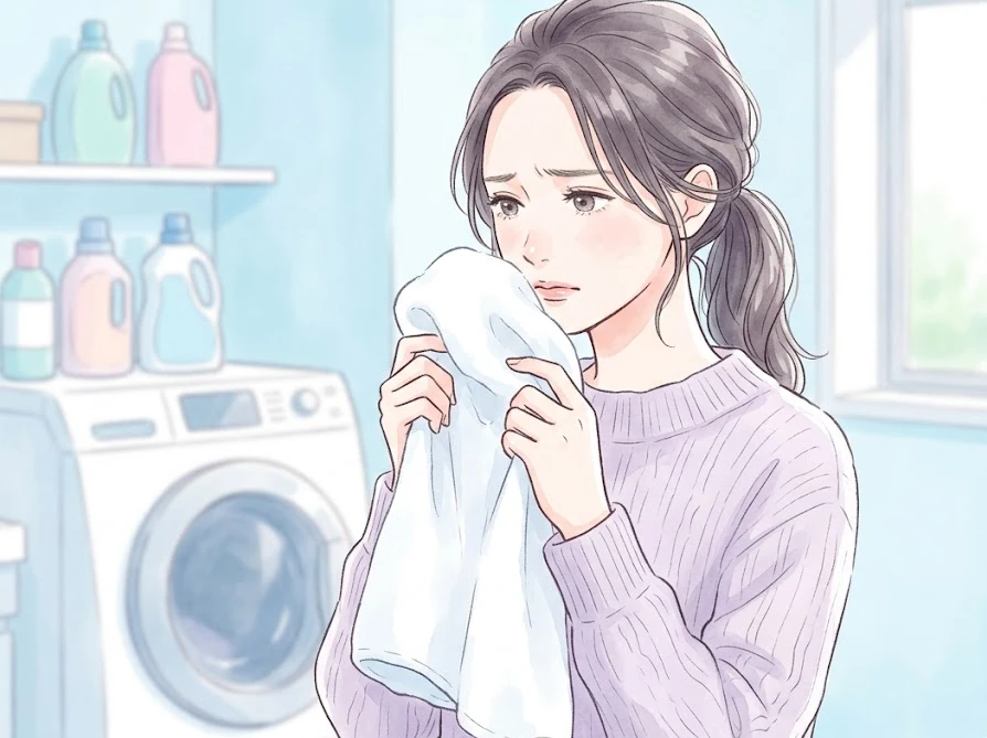 ドラム式洗濯機での洗剤の入れすぎが原因で発生したタオルの生乾き臭に悩む女性