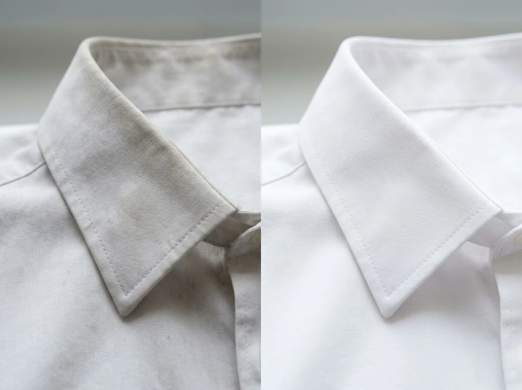 さらさの適量を守り皮脂汚れをしっかり落としたシャツの襟元のビフォーアフター