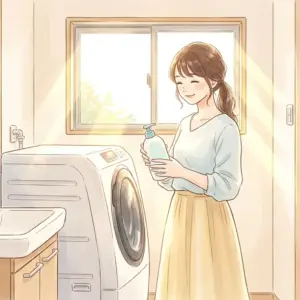 シャボン玉スノールの液体ボトルを手にする笑顔の女性