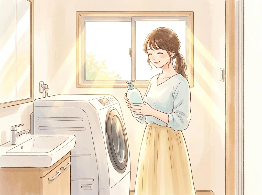 シャボン玉スノールの液体ボトルを手にする笑顔の女性