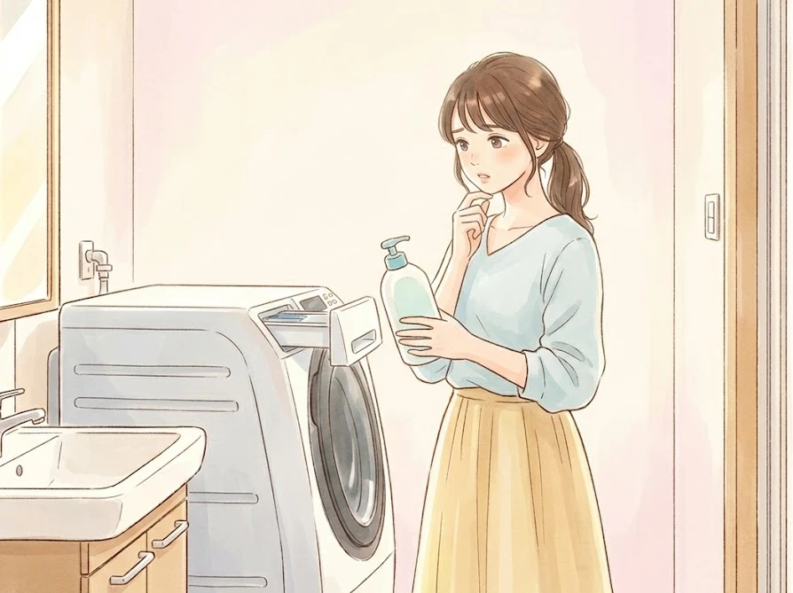 ドラム式洗濯機の前でシャボン玉スノールの自動投入を迷う女性