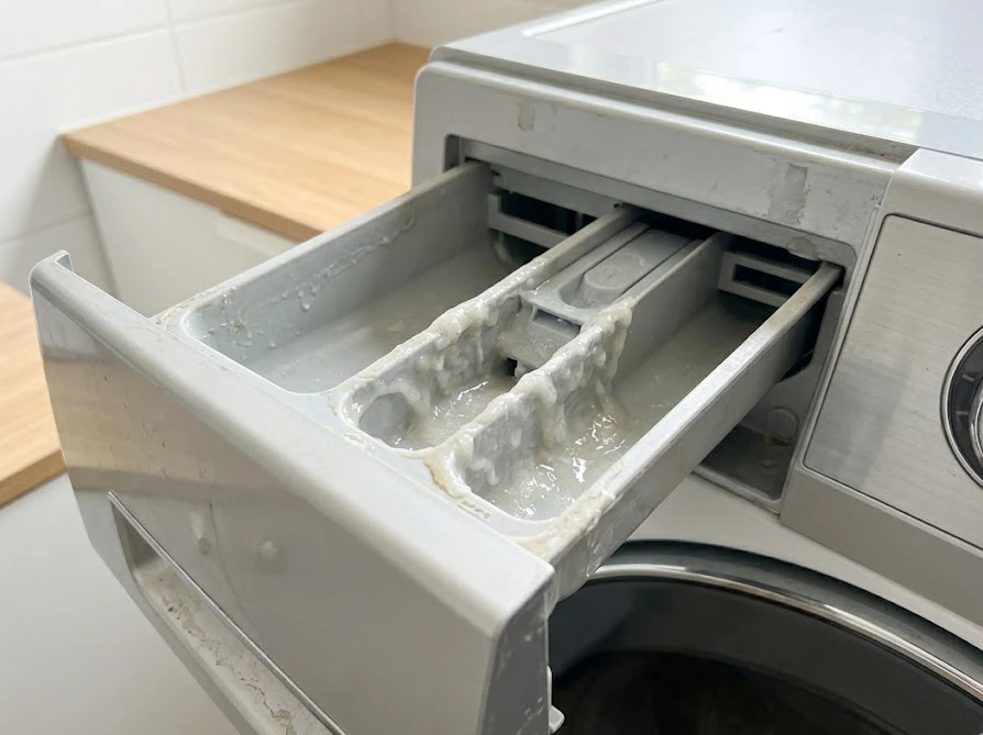 ドラム式洗濯機の投入口に液体石けんが固まって詰まっている様子