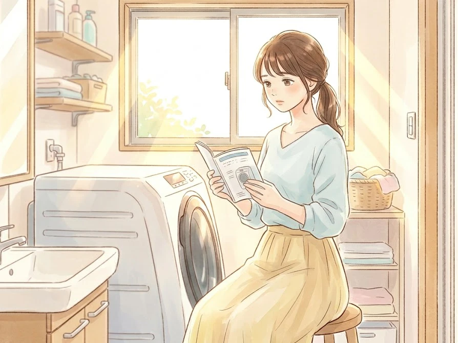 液体石けんの使用について洗濯機の取扱説明書を確認している女性
