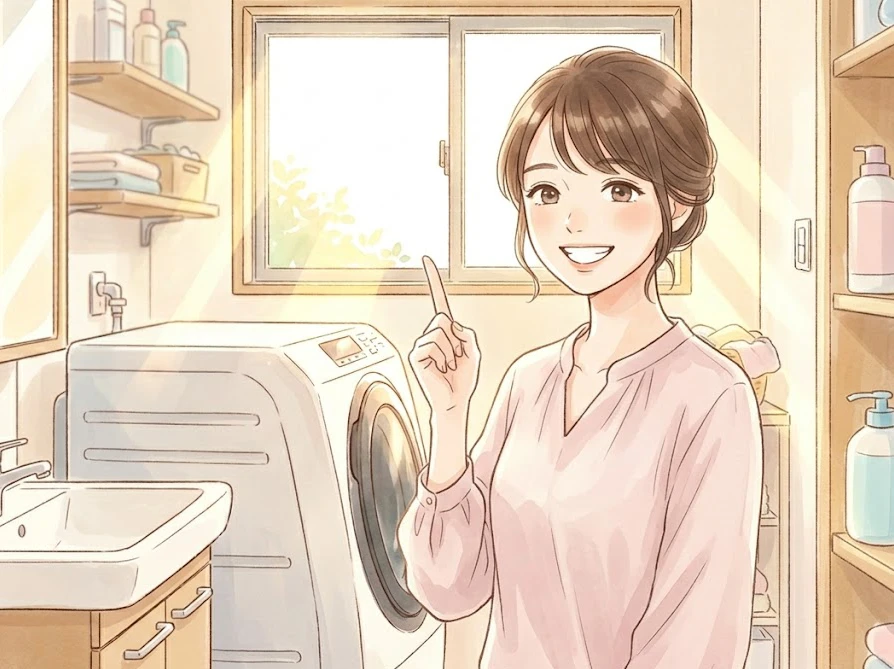 ドラム式洗濯機での液体石けんの正しい使い方を理解して笑顔の女性