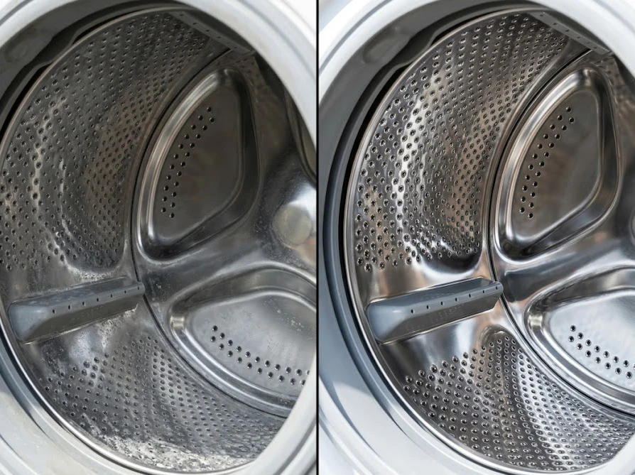 洗濯槽クリーナーでお手入れする前後のドラム式洗濯機内の比較