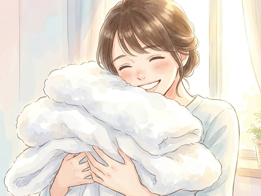 シャボン玉スノールでふんわりと仕上がったタオルを抱えて喜ぶ女性