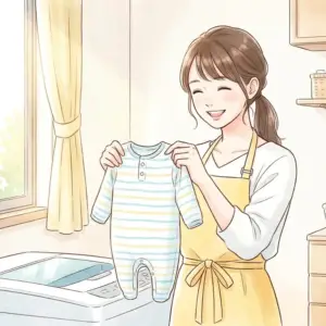 きれいに洗濯された子ども服を持って微笑む女性