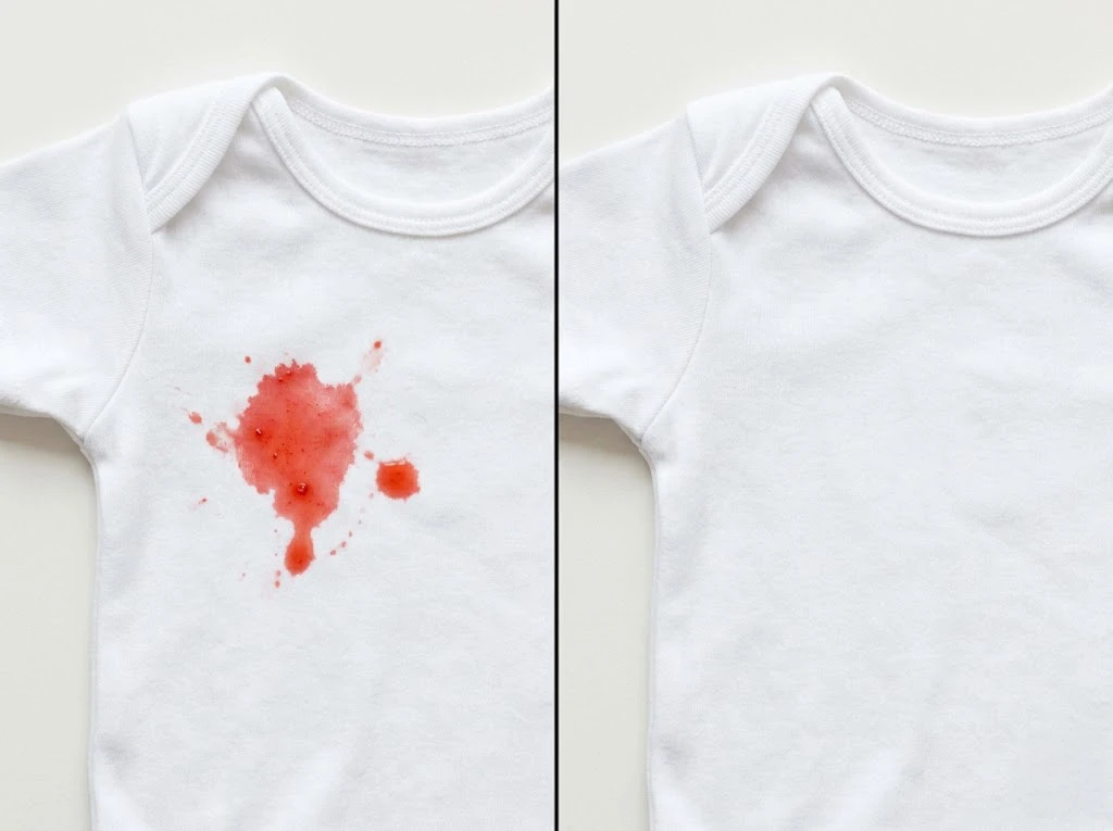 いちごの赤い染みがついた子ども服と綺麗に汚れが落ちた状態の比較