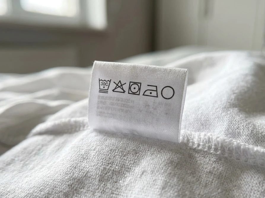 衣類の内側にある洗濯表示タグで水洗い可能か確認している様子
