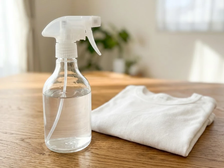 木製テーブルの上に置かれたクエン酸水のスプレーボトルと白い子ども服