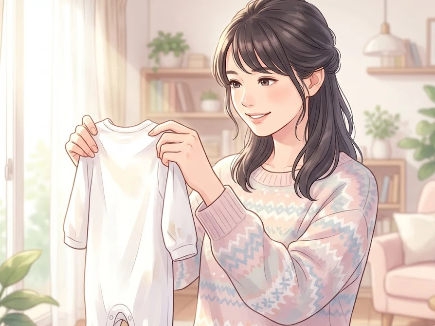 窓からの明るい光に透かして服に染みが残っていないか最終確認する女性