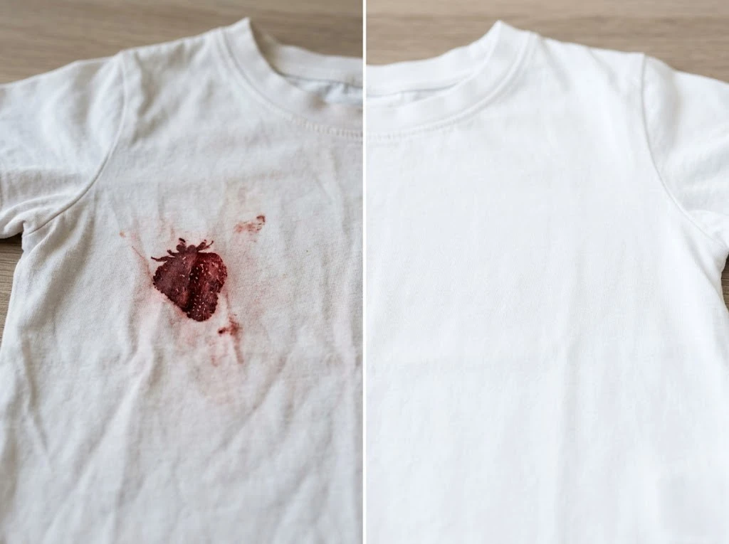 時間が経って黒ずんだいちごの染みと漂白されて白さを取り戻した状態の比較