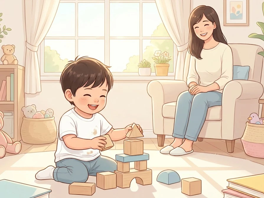 綺麗になった子ども服をリビングで丁寧に畳んでいる笑顔の女性